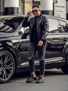 Черно кожено мъжко яке бомбър Bolf 6803A