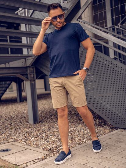 Мъжка тениска без принт с V-образно деколте тъмносиня Bolf 192131