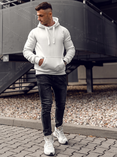 Бял мъжки суитшърт с качулка с джоб тип кенгуру Bolf 2009A