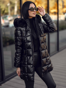 Черно дълго капитонирано дамско зимно яке с качулка Bolf 16M9120A