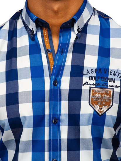 Мъжка карирана риза с дълъг ръкав синя Bolf 1766-1