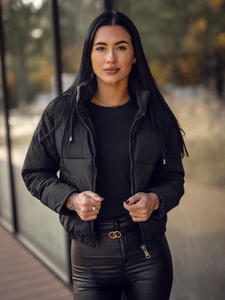 Дамско късо ватирано зимно яке с качулка черно Bolf 16M9088