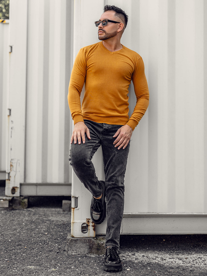 Мъжки пуловер с V-образно деколте в цвят камила Bolf YY03