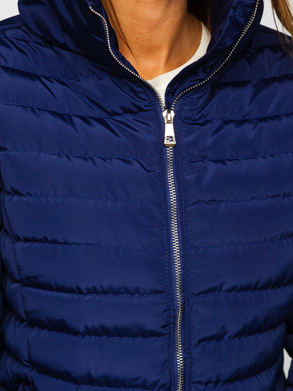 Тъмносиньо капитонирано дамско зимно яке без качулка Bolf 23063