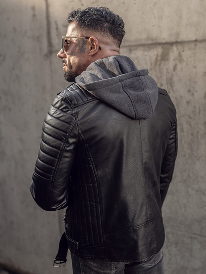 Черно кожено рокерско мъжко яке с качулка biker Bolf 11Z8005