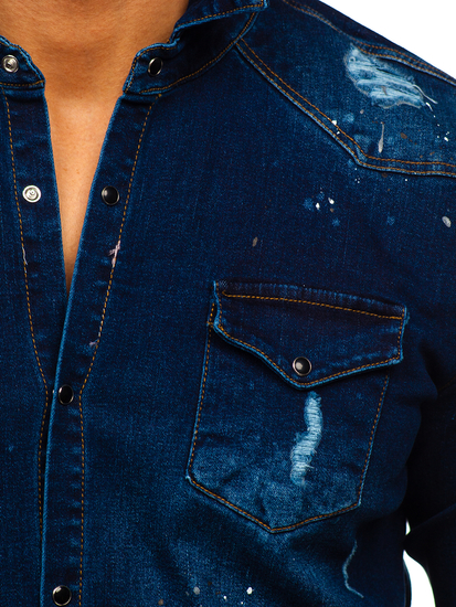 Тъмносиня мъжка дънкова риза с дълъг ръкав Bolf R801