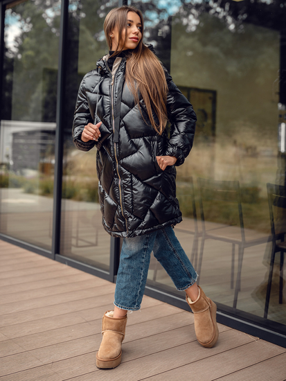 Черно дълго капитонирано дамско зимно яке с качулка Bolf 5M3189