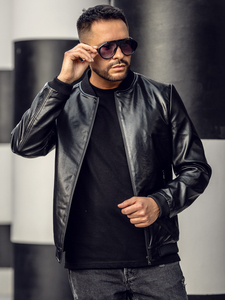 Черно кожено мъжко яке бомбър Bolf 6803B