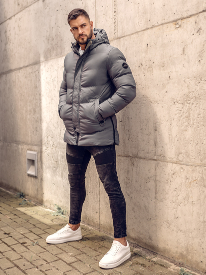 Сиво капитонирано мъжко зимно яке тип парка Bolf 7330