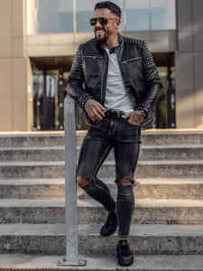 Черно мъжко кожено яке с капси Bolf 11Z8007