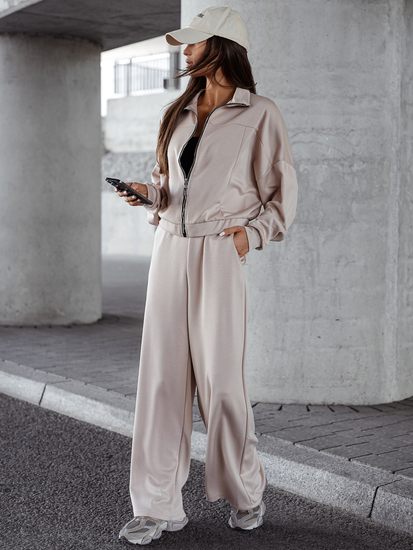 Дамски двуцветен спортен комплект с цип бежов Bolf 821109