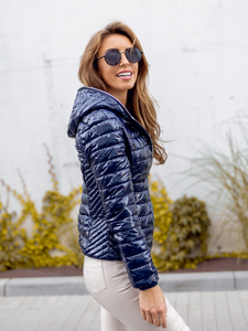Тъмносиньо капитонирано дамско преходно яке с качулка Bolf 9752