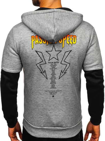 Сиво мъжко худи с качулка тип кенгуру с принт Bolf HY611