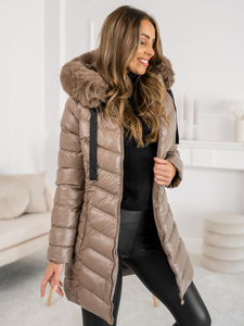 Капитонирано зимно дамско яке с качулка в цвят камел Bolf 5M3139