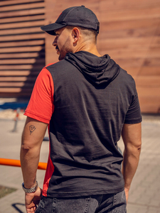 Чернo-червена мъжкa тениска с принт и качулка Bolf 8T981A