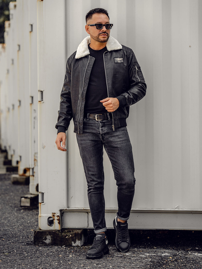 Мъжко черно кожено пилотско яке Bolf EX837A