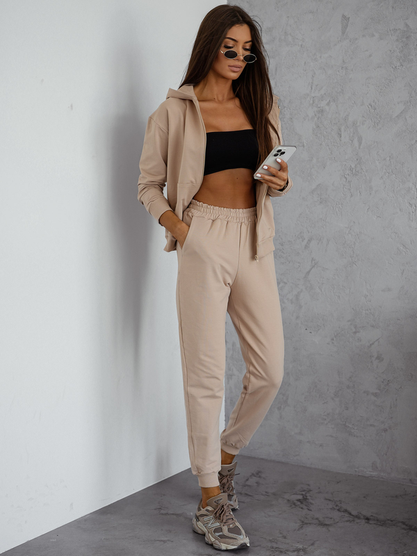 Дамски двуцветен спортен комплект с качулка бежов Bolf 821110