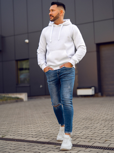 Бял мъжки суитшърт с качулка с джоб тип кенгуру Bolf 2009A