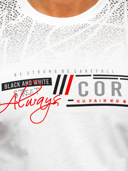 Бяла памучна мъжка тениска с принт Bolf 14710