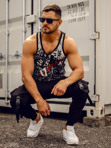 Черен мъжки потник tank top с принт Bolf 14853