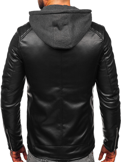 Черно кожено мъжко яке с качулка biker Bolf 11Z8012-A