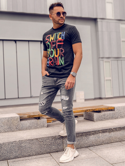 Мъжка тениска с принт черна Bolf 1181A