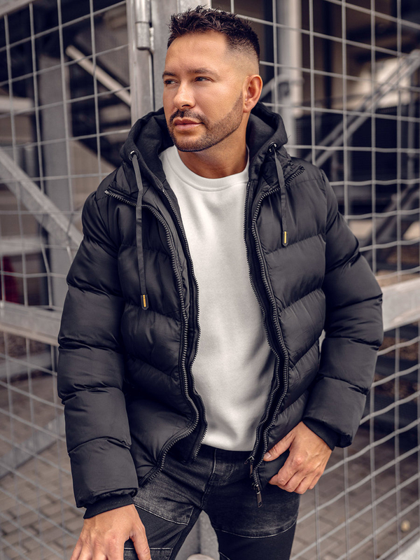 Черно капитонирано зимно мъжко яке Bolf 7325A