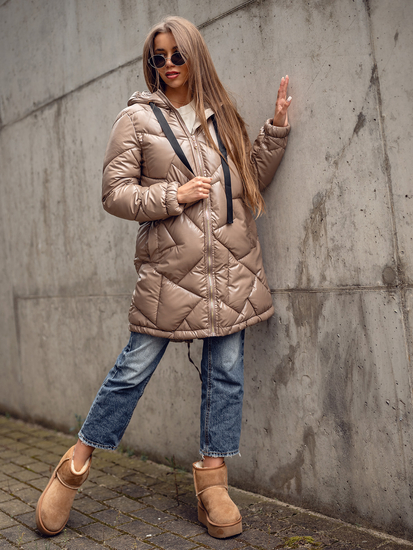 Дълго капитонирано дамско зимно яке с качулка в цвят камел Bolf 5M3189