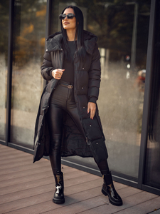 Дамско дълго ватирано зимно яке с качулка черно Bolf 5M3227