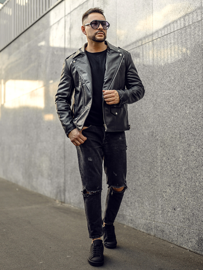 Черно кожено мъжко рокерско яке Bolf 11Z8014