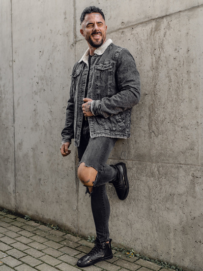 Черно мъжко дънково яке тип trucker с ватирана подплата Bolf 1160