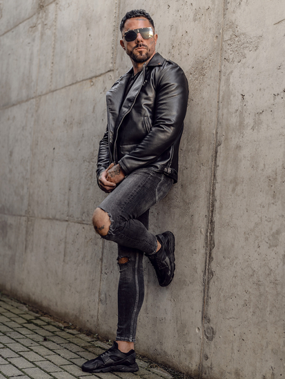 Черно кожено рокерско мъжко яке Bolf 11Z8014