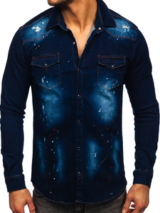 Тъмносиня мъжка дънкова риза с дълъг ръкав Bolf R703