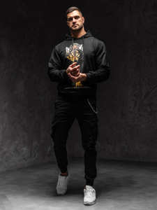 Черен мъжки с принт суитшърт с качулка Bolf 6141