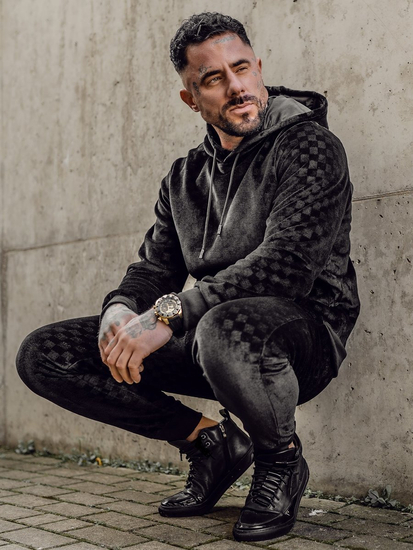 Черен мъжки плюшен анцуг с качулка Bolf 3A82-A