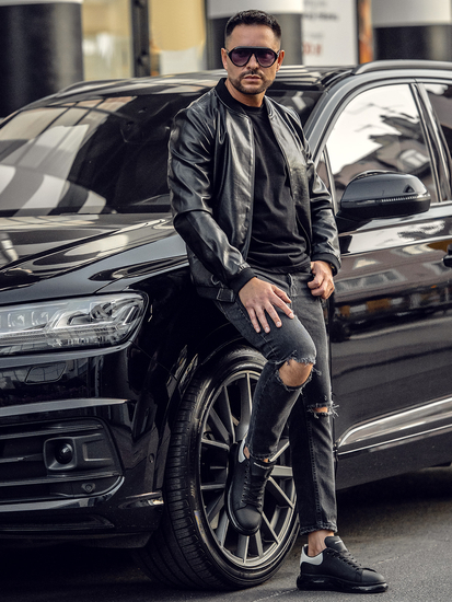 Черно кожено мъжко яке бомбър Bolf 6803A