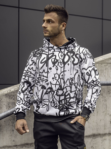 Чернo-бял мъжки суитшърт с качулка и принт Bolf 8B1151