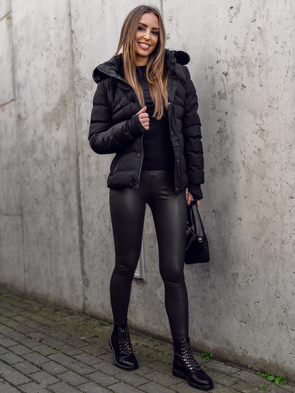 Черно дамско капитонирано зимно яке с качулка Bolf 5M770
