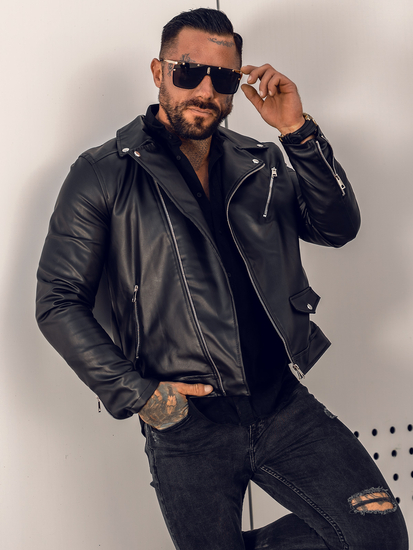 Черно рокерско кожено мъжко яке Bolf 0006-B