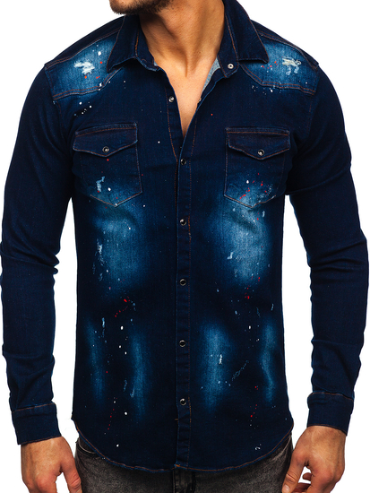 Тъмносиня мъжка дънкова риза с дълъг ръкав Bolf R703