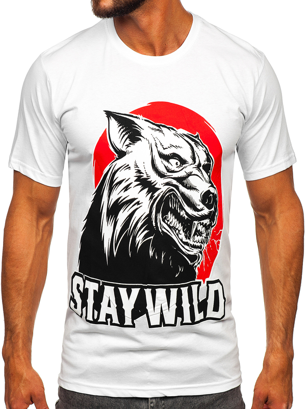 Бяла памучна мъжка тениска с принт Bolf 143021