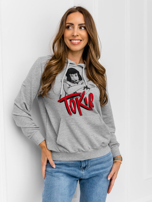 Сив с принт дамски суитшърт без качулка Bolf 5194