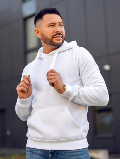 Бял мъжки суитшърт с качулка с джоб тип кенгуру Bolf 2009A