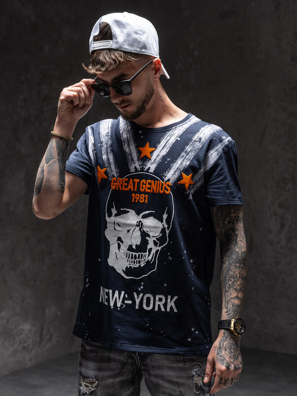 Тъмносиня мъжка тениска с принт Bolf Y70006