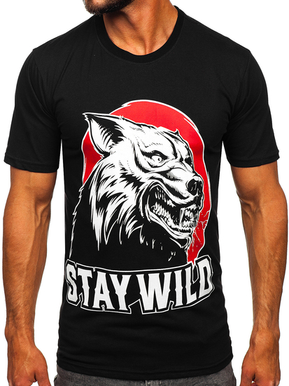 Черна памучна мъжка тениска с принт Bolf 143021