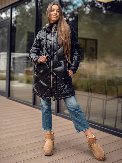 Черно дълго капитонирано дамско зимно яке с качулка Bolf 5M3189