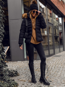 Черно дамско капитонирано зимно яке с качулка Bolf 5M768