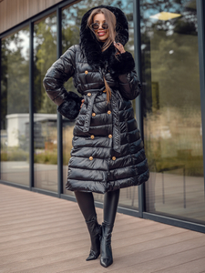 Черно дълго дамско зимно капитонирано яке с качулка Bolf 5M3160