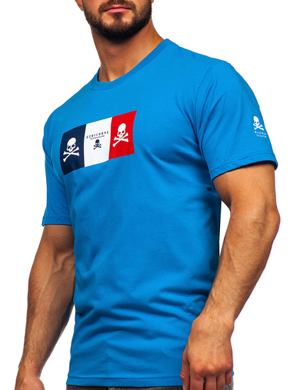 Небесносиня памучна мъжка тениска с принт Bolf 14784