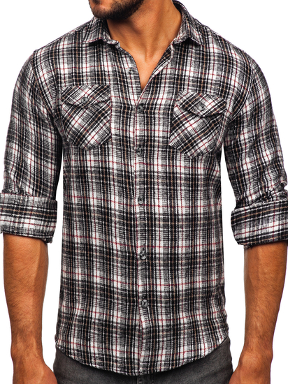 Черно-бяла мъжка бархетна риза с дълъг ръкав Bolf 20731-2